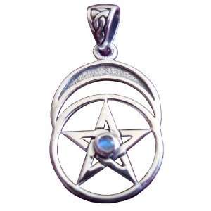 Sterling Silver Small Crescent Moon Moonstone Pentacle Pendant Wicca 