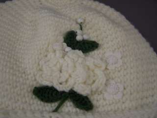 Cream Off White crochet beaded flower knit ski hat cap beanie winter 