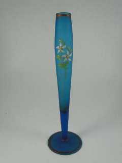 Antique Satin Blue Glass Painted Bud Vase Table Vintage Art Flower 