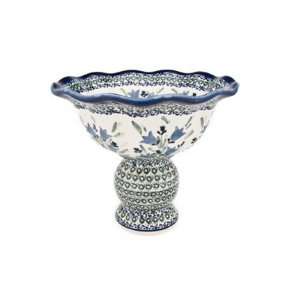    Polish Pottery Blue Tulip Pedestal Fruit Bowl