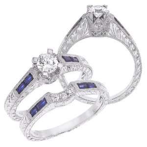  Gold Qpid Collection Diamond Bridal Set With Baguette Blue Sapphires