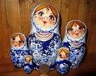 Russian stacking HAND PAINTED 5 LOVELY DOLLS Babushka WHITE BLUE 