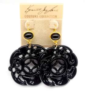Kenneth Jay Lane KJL Black Carved Deco Design Earrings  