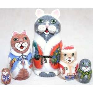  5 Inch Christmas Cats 5 Piece Russian Wood Nesting Doll 