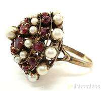 14K YELLOW GOLD RUBIES PEARLS DOME COCKTAIL RING  