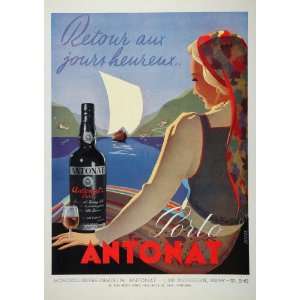 1946 Ad Porto Antonat Port Wine Sailboat Olivier NICE   Original Print 