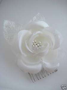 Ivory Satin Rose Hair Comb~ Bridal Prom Veil  
