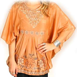 NEW Womens Bronze Orange Embroidery Flowers Floral BAT WING Sleeve TOP 