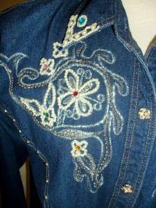 Ellen Richman Dark Denim Blue Western Shirt Lots of Beads+ Pearls 
