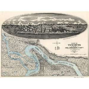  Antique Birds Eye View Map of Vicksburg, Civil War Map 