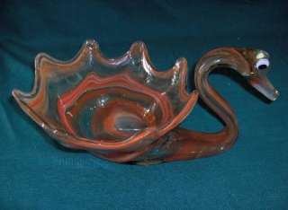Vintage Murano Blown Art Glass Crystal Swan Bowl Orange Vase  