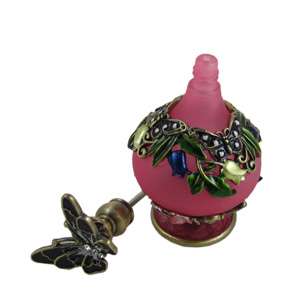   butterfly perfume bottle bejeweled Victorian style pink green leaves