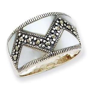  Sterling Silver Marcasite & Mother of Pearl Ring Size 7 Jewelry
