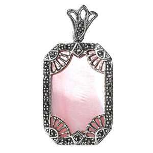 Sterling Silver & Pink Mother of Pearl Fan Corners Marcasite Pendant