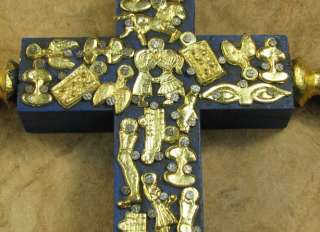   MEXICAN FOLK ART  BLUE  WOODEN CROSS WITH GOLD TONE MILAGROS  