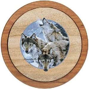  Wolves, Moon Dancers   Sandstone Trivet and Oak Holder Set 