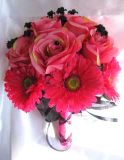 10 pc Wedding Bouquet flowers PINK FUCHSIA BLACK DAISY  