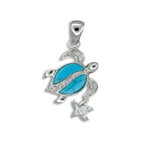   Sterling Silver Blue Turquoise Honu and Star Pendant with CZ Jewelry