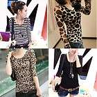 Color T Shirt Sexy Crew Neck Long Sleeve Tops Slim Bottoming Leopard 