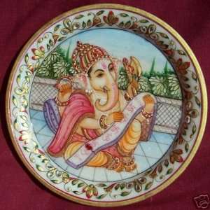 Ganesha reading a Horescope, Painting on marble plate round, with Gold 