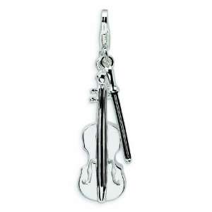  Sterling Silver 3 D Violin And Antiqued Bow W/Lobster 