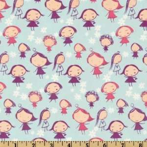  44 Wide Hopscotch Flowers and Girls Blue Fabric By The 