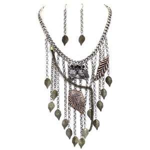 Perched Owl Statement Necklace Set; 18L; Burnished Silver, Gold, And 