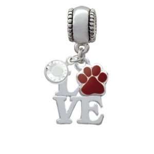 Silver Love with Maroon Paw Charm European Charm Bead Hanger with 