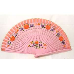 Japanese Style Pink Bamboo Hand Fan   Hand Painted   Flowers on Both 