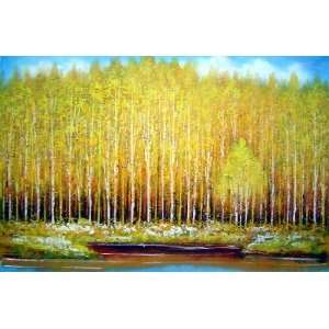 Lakeside Aspen Yellow Forest in Sunshine Autumn Oil Painting 24 x 36 