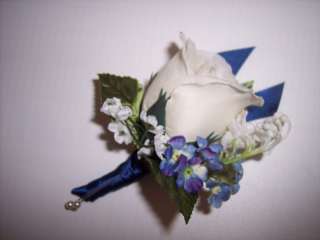 Natural White Silk Rose w/Forget Me Nots Boutonniere Flower Wedding 