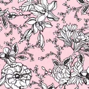   Blooms quilt fabric by Hoffman Fabrics, white flowers sketched on pink
