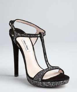 Miu Miu black and silver glitter suede strappy heel sandals   