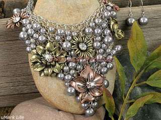 Couture Big Silver Chic Pearl Bib Large Flower Charm Chunky Necklace 