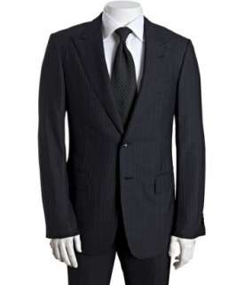 Gucci black pinstripe wool blend two button suit with flat front pants 