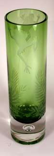 Wylie Ponder Art Glass Etched FROG & FERN Tall Vase  