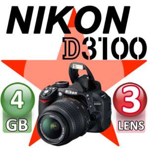 NIKON D3100 Digital SLR & 3 Lens 4GB Value Kit NEW USA 18208254729 