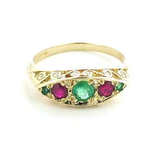 Carved Solid English Yellow Gold Natural Emerald & Ruby Ring   Size 9 