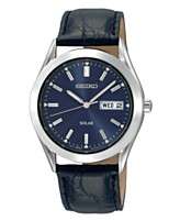 Seiko Watch, Mens Solar Blue Dial Black Leather Strap 37mm SNE049