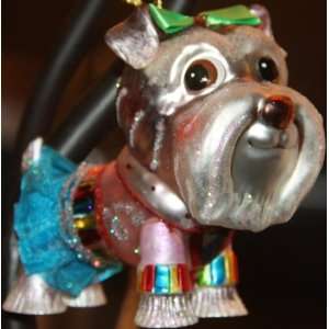  Diamonds Glass Female Schnauzer Dog Ornament wearing Pink & Blue 