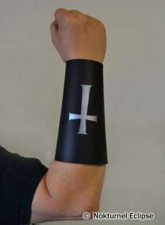 BLACK LEATHER GAUNTLET INVERTED SILVER CROSS LACE UP  