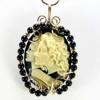 Guardian Angel Cameo Pendant 14K Rolled Gold Jewelry With Onyx 