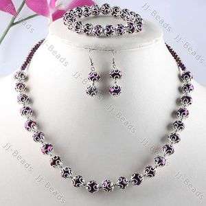 1Set Dark Purple Crystal Glass Flower Bead Cap Necklace Bracelet 