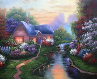 Framed Flowering Cottage by Stream, Hand Painting Oil Painting 20x24in 