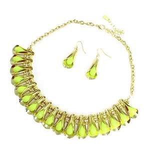  Neon Necklace Set; 18L; Gold Metal; Neon Yellow Faceted 