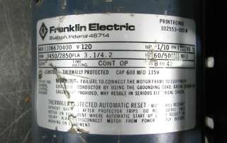 FRANKLIN ELECTRIC MOTOR 120 VOLT 1/10 HP 3450 RPM USED  