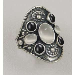   Gothic Ring Featuring Genuine White Moonstone and Black Onyx Gemstones