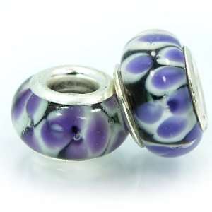 Two) Beautiful Purple Flowers in Murano Glass beads Compatible with 