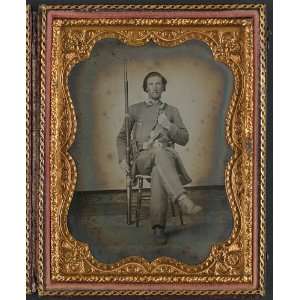   soldier in Confederate uniform with musket,knife