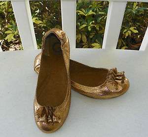 New G by GUESS Metallic Gold Ruffle Bow Ballet Flats Shoes Womens FREE 
